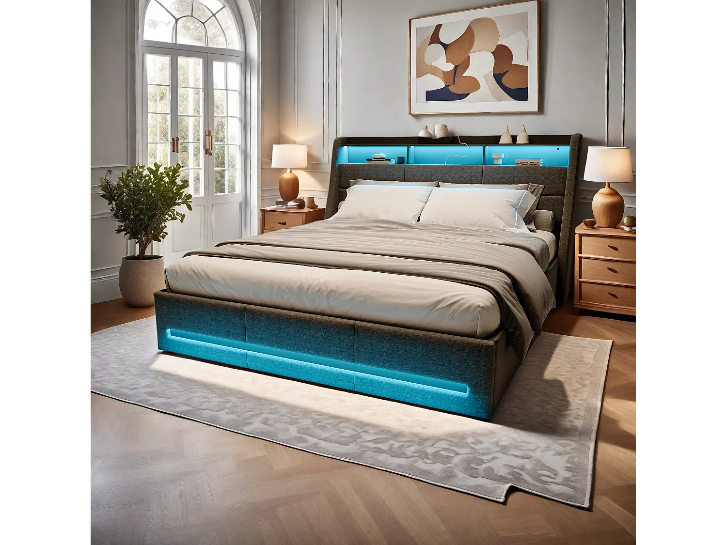 Bed 160x200 met LED-lattenbodem en USB-oplader, Gestoffeerd tweepersoonsbed met 4 lades, Linnen, Grijs
