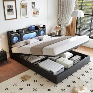 Bed van 140×200 cm met gasveeropbergruimte, USB/Type-C-poorten, ledverlichting en linnen bekleding – Praktisch en modern, zwart Bed van 140×200 cm met gasveeropbergruimte, USB/Type-C-poorten, ledverlichting en linnen bekleding – Praktisch en modern, zwart
