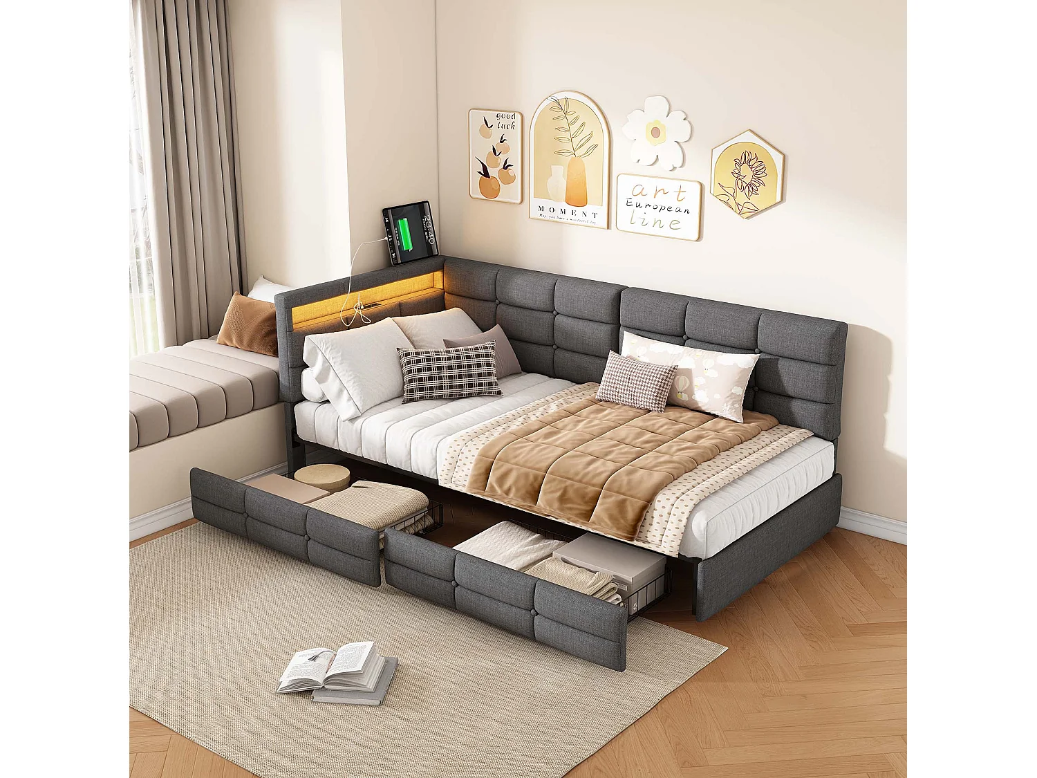 Bed met L-vormig hoofdeinde in grijze stof – Geïntegreerde ledverlichting – USB-poort – Opberglade – Lattenbodem – 90x200 cm