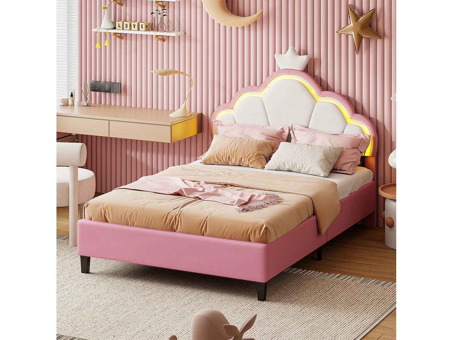 Bed van 90x200 cm in roze en wit fluweel met ledverlichting, kroondesign, afstandsbediening en aanpasbare standen.