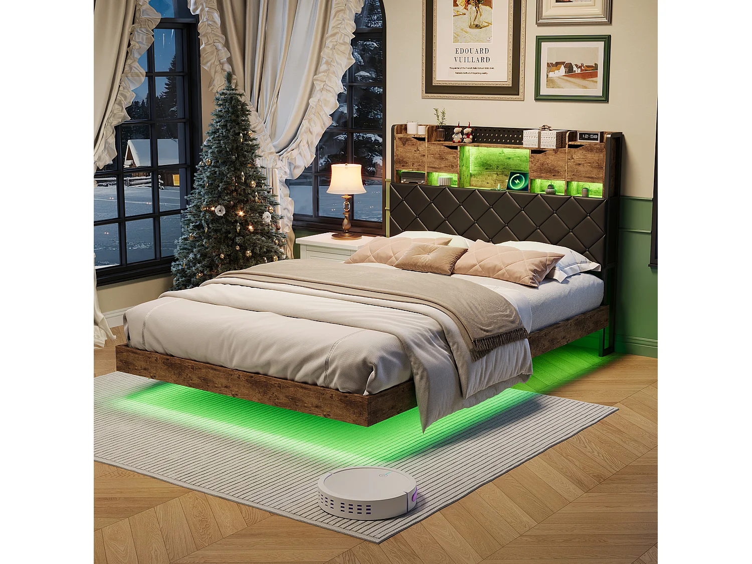 Bed van 140x200 cm met hoofdeinde, plank, geïntegreerde opbergruimte, ledverlichting en metalen frame - Maximale belasting 350 kg