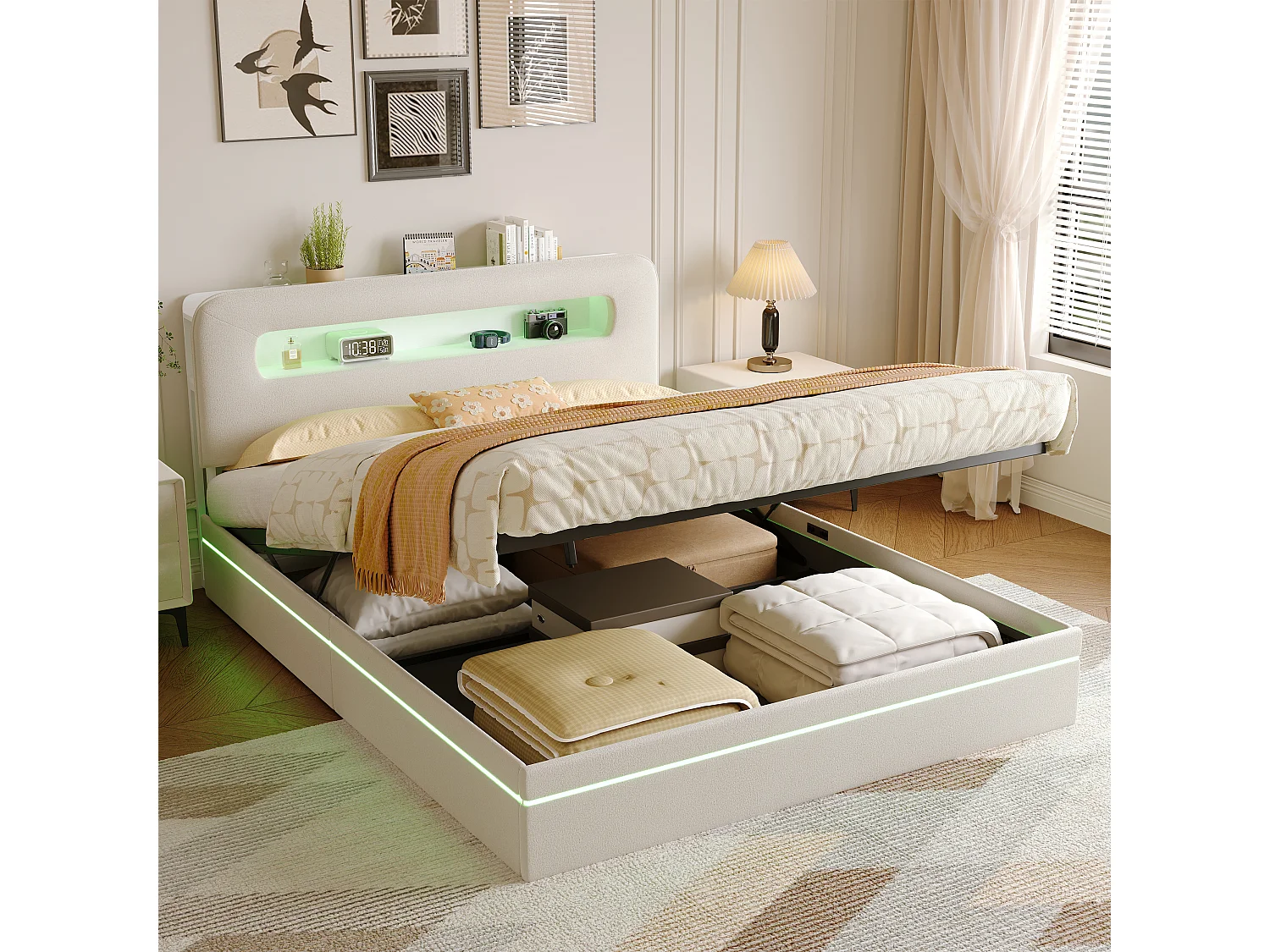 Bed van 160x200 cm in beige fluweel met geïntegreerde ledverlichting, hoofdbord met opbergruimte en hydraulisch systeem.