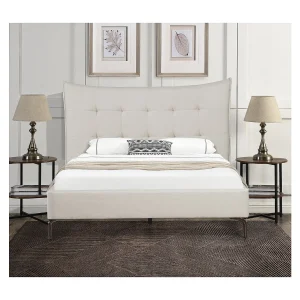 Beige tweepersoonsbed van gestoffeerd materiaal "Aspen" 140x190cm met kussen-hoofdeinde Beige tweepersoonsbed van gestoffeerd materiaal "Aspen" 140x190cm met kussen-hoofdeinde