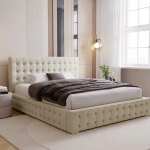 BESILIO Gestoffeerd, gecapitonneerd bed 120×200 Palmo – Chesterfield-bed met opbergruimte, gecapitonneerde knopen – Beige