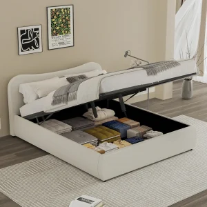 Bed met Opbergruimte 160x200cm Afgerond Design Ribfluweel Beige Bed met Opbergruimte 160x200cm Afgerond Design Ribfluweel Beige