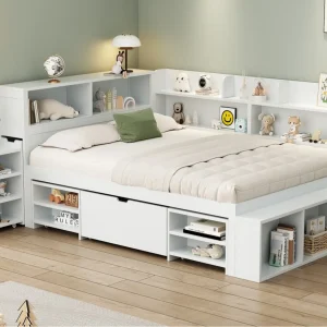 Bed 140x190cm van MDF – met lades en planken – met kleine verwijderbare boekenkast – met lattenbodem – Wit (zonder matras) Bed 140x190cm van MDF – met lades en planken – met kleine verwijderbare boekenkast – met lattenbodem – Wit (zonder matras)