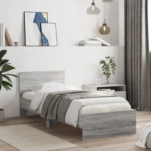 Bedframe met hoofdbord en LED grijs sonoma eikenkleur 90×190 cm