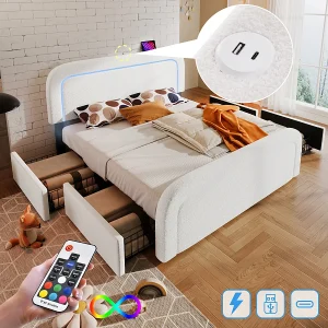 Bedframe met USB-C, LED, 4 laden, 160x200cm, wit (zonder matras) Bedframe met USB-C, LED, 4 laden, 160x200cm, wit (zonder matras)