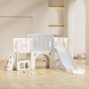 Bear Cub 6-in-1 glijbaan met glijbaan, twee platforms, twee opbergdozen, basketbalring en ladder – HDPE Bear Cub 6-in-1 glijbaan met glijbaan, twee platforms, twee opbergdozen, basketbalring en ladder – HDPE