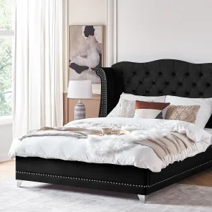 Bed fluweel zwart 180 x 200 cm AYETTE Bed fluweel zwart 180 x 200 cm AYETTE