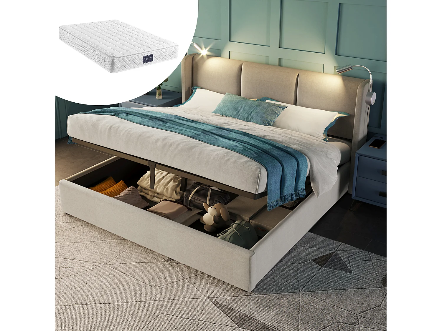 Beige linnen opbergbed van 140x200 cm - Volwassenenbed met leeslamp en USB-aansluiting (inclusief matras)