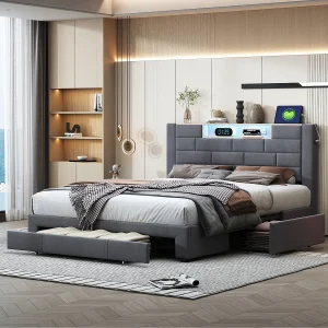 Bed van 140 x 200 cm met opbergruimte, 3 lades, hoofdbord met opbergruimte en ledverlichting, USB- en USB-C-poorten, fluwelen bekleding, grijs Bed van 140 x 200 cm met opbergruimte, 3 lades, hoofdbord met opbergruimte en ledverlichting, USB- en USB-C-poorten, fluwelen bekleding, grijs