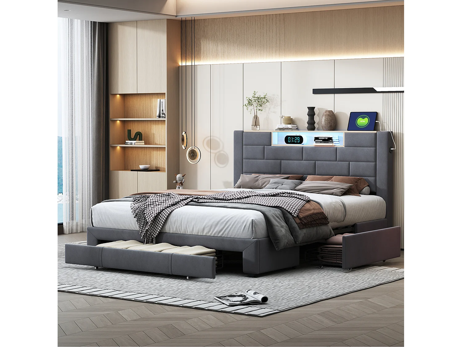 Bed van 140 x 200 cm met opbergruimte, 3 lades, hoofdbord met opbergruimte en ledverlichting, USB- en USB-C-poorten, fluwelen bekleding, grijs