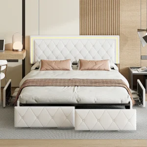 Bed van 160 x 200 cm met opbergruimte, ledverlichting en 4 lades – verstelbaar hoofdeinde – PU – crèmewit Bed van 160 x 200 cm met opbergruimte, ledverlichting en 4 lades – verstelbaar hoofdeinde – PU – crèmewit