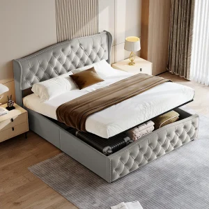 Bed met opbergruimte onder de basis 160×200 cm met opbergvak, hoofdbord met houten latten, fluweel, grijs Bed met opbergruimte onder de basis 160×200 cm met opbergvak, hoofdbord met houten latten, fluweel, grijs