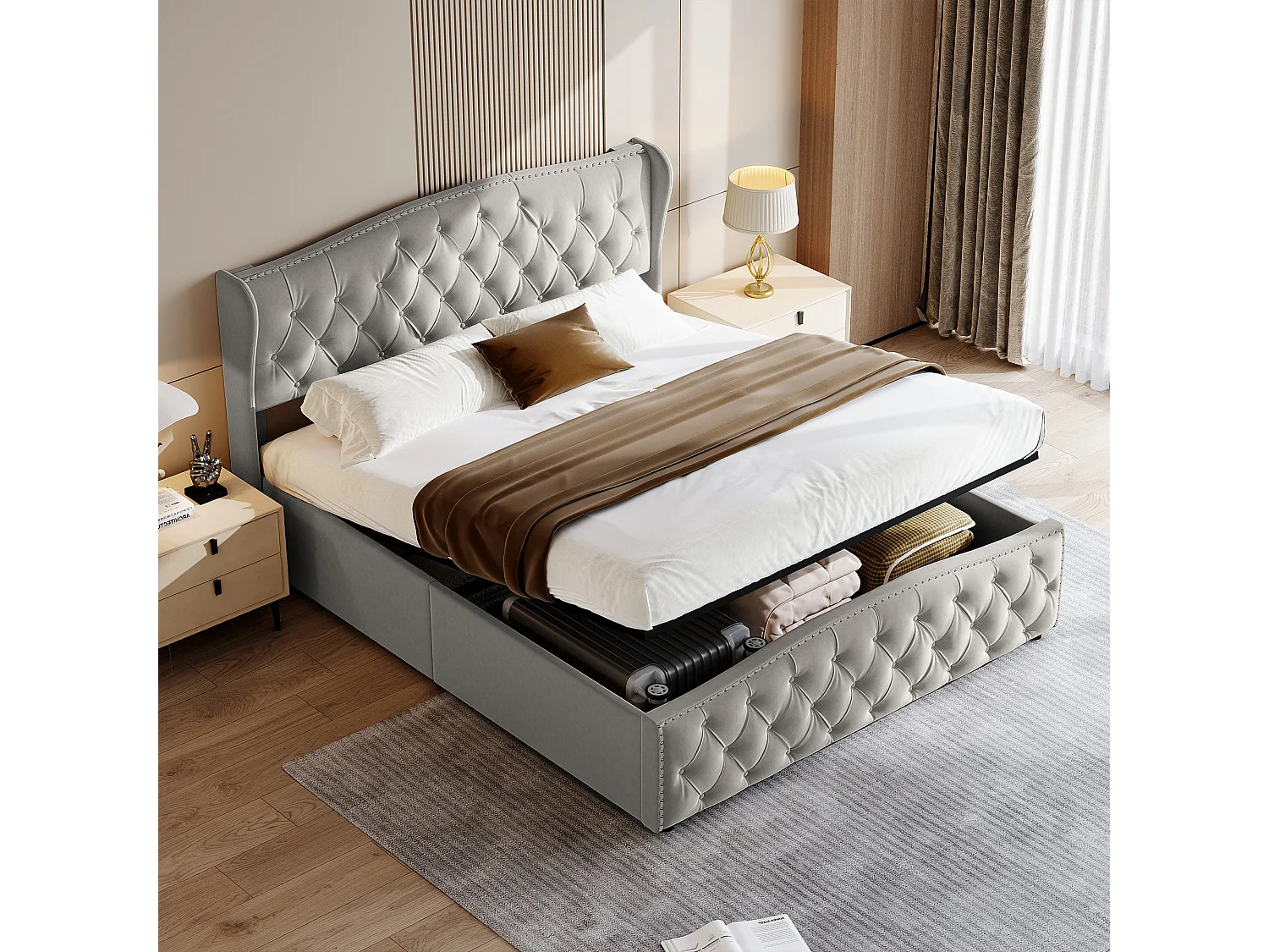 Bed met opbergruimte onder de basis 160x200 cm met opbergvak, hoofdbord met houten latten, fluweel, grijs
