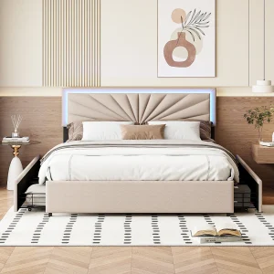 Bed van 160×200 cm – met ledverlichting en 4 lades – linnen – in hoogte verstelbaar hoofdeinde – lattenbodem – beige Bed van 160×200 cm – met ledverlichting en 4 lades – linnen – in hoogte verstelbaar hoofdeinde – lattenbodem – beige