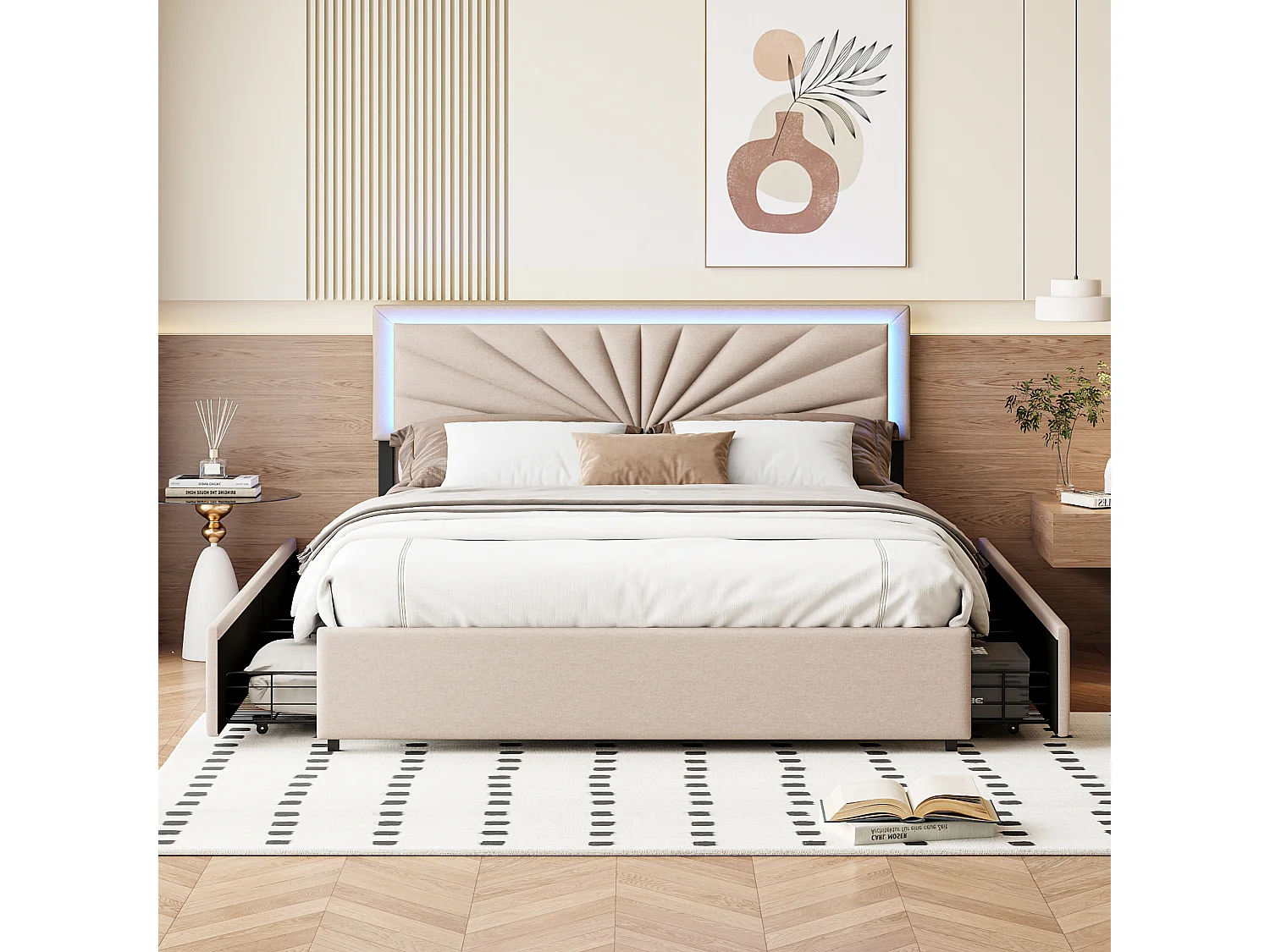 Bed van 160x200 cm - met ledverlichting en 4 lades - linnen - in hoogte verstelbaar hoofdeinde - lattenbodem - beige