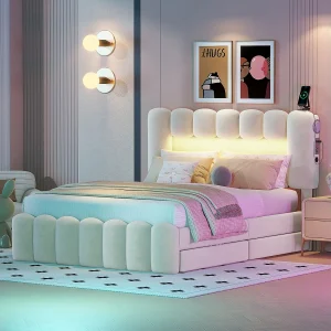 Bed van 140 x 200 cm met 4 lades – LED-verlichting en USB – Fluweel – Beige Bed van 140 x 200 cm met 4 lades – LED-verlichting en USB – Fluweel – Beige
