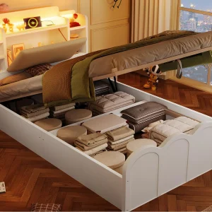 Bed met opbergruimte 90×200 cm – met USB Type-C poort – met LED-verlichting – multifunctionele opbergruimte – wit (matras niet inbegrepen) Bed met opbergruimte 90×200 cm – met USB Type-C poort – met LED-verlichting – multifunctionele opbergruimte – wit (matras niet inbegrepen)