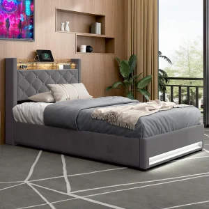Bed Soft 90×200 Cm, Gepolsterd Bed, Met LED, Prises USB En Type-c, Groot Opbergruimte, Grijs Bed Soft 90×200 Cm, Gepolsterd Bed, Met LED, Prises USB En Type-c, Groot Opbergruimte, Grijs
