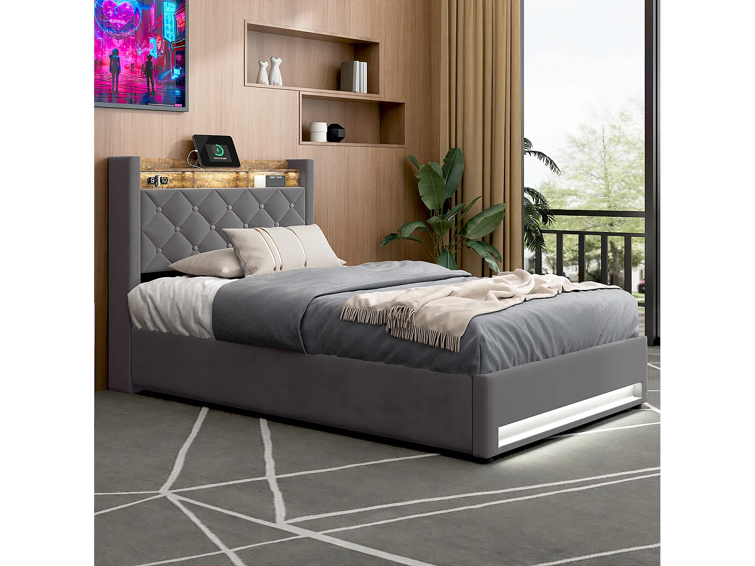 Bed Soft 90x200 Cm, Gepolsterd Bed, Met LED, Prises USB En Type-c, Groot Opbergruimte, Grijs