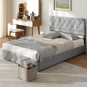Bed Soft 90×200 Cm, Gepolsterd Bed, Metaalframe En MDF, Groot Opbergruimte, Grijs Bed Soft 90×200 Cm, Gepolsterd Bed, Metaalframe En MDF, Groot Opbergruimte, Grijs