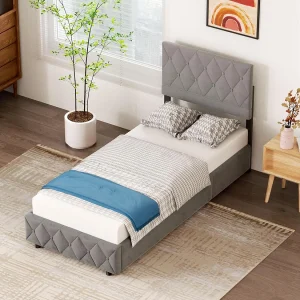 Bed Soft 90×200 Cm, Gepolsterd Bed, Metaalframe En MDF, Met Lattenbodem À Lattes, Groot Opbergruimte, Grijs Bed Soft 90×200 Cm, Gepolsterd Bed, Metaalframe En MDF, Met Lattenbodem À Lattes, Groot Opbergruimte, Grijs
