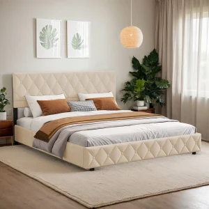 Bed Soft 140×200 Cm, Gepolsterd Bed, Metaalframe En MDF Met Lattenbodem À Lattes, Groot Opbergruimte, Beige Bed Soft 140×200 Cm, Gepolsterd Bed, Metaalframe En MDF Met Lattenbodem À Lattes, Groot Opbergruimte, Beige