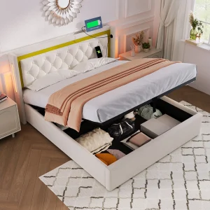Bed LED Tweepersoons 140×200 Cm Met Opbergruimte Met Opbergruimte, Usb-poort-c En Hoofdeinde Verlichtend, Stof Katoen, Met Matras Bed LED Tweepersoons 140×200 Cm Met Opbergruimte Met Opbergruimte, Usb-poort-c En Hoofdeinde Verlichtend, Stof Katoen, Met Matras