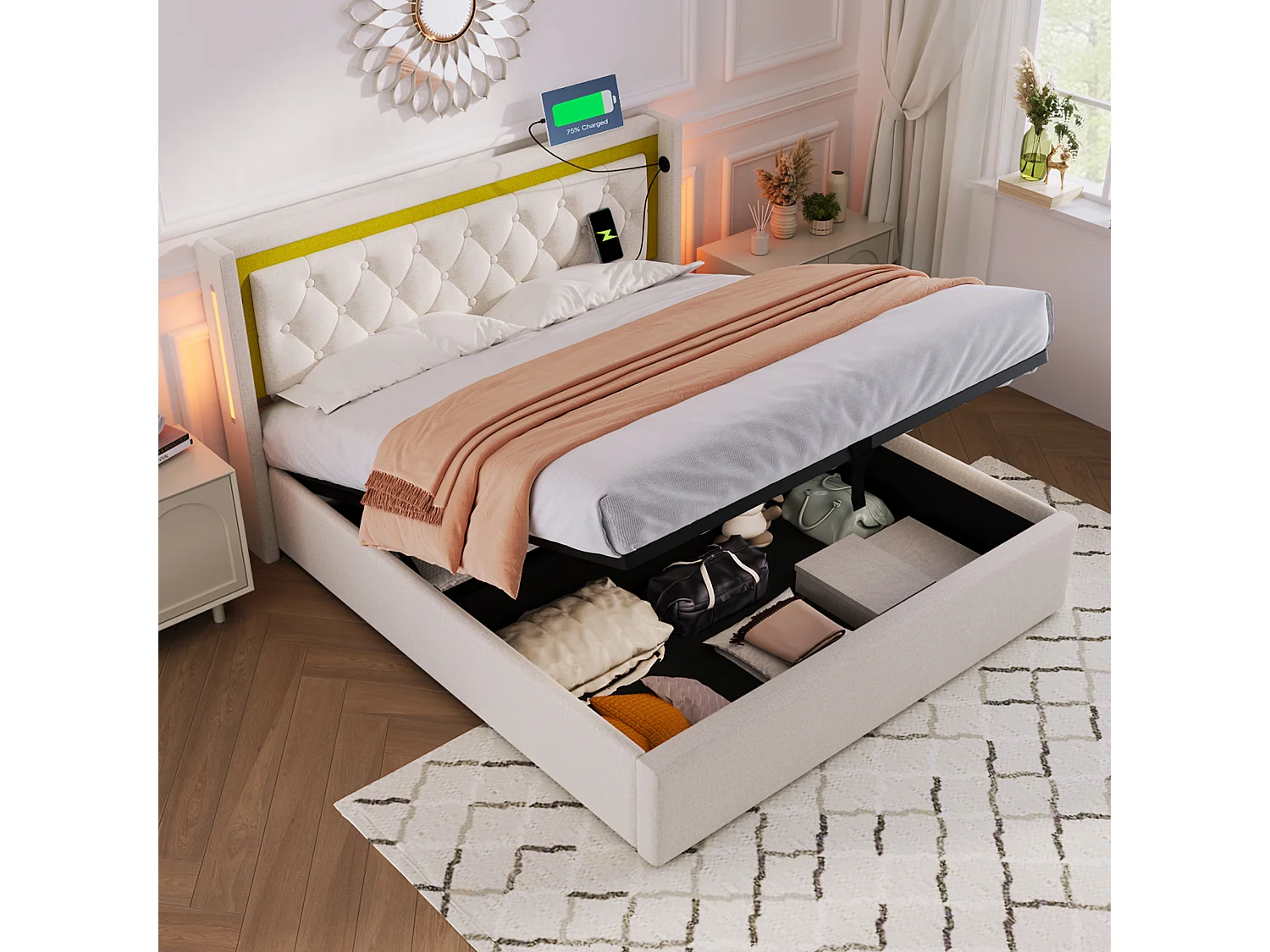 Bed LED Tweepersoons 140x200 Cm Met Opbergruimte Met Opbergruimte, Usb-poort-c En Hoofdeinde Verlichtend, Stof Katoen, Met Matras