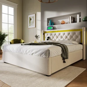 Bed LED Tweepersoons 160×200 Cm Met Opbergruimte, Hoofdeinde Verlichtend En Usb-poort-c, Stof Katoen, Met Matras Inbegrepen Bed LED Tweepersoons 160×200 Cm Met Opbergruimte, Hoofdeinde Verlichtend En Usb-poort-c, Stof Katoen, Met Matras Inbegrepen
