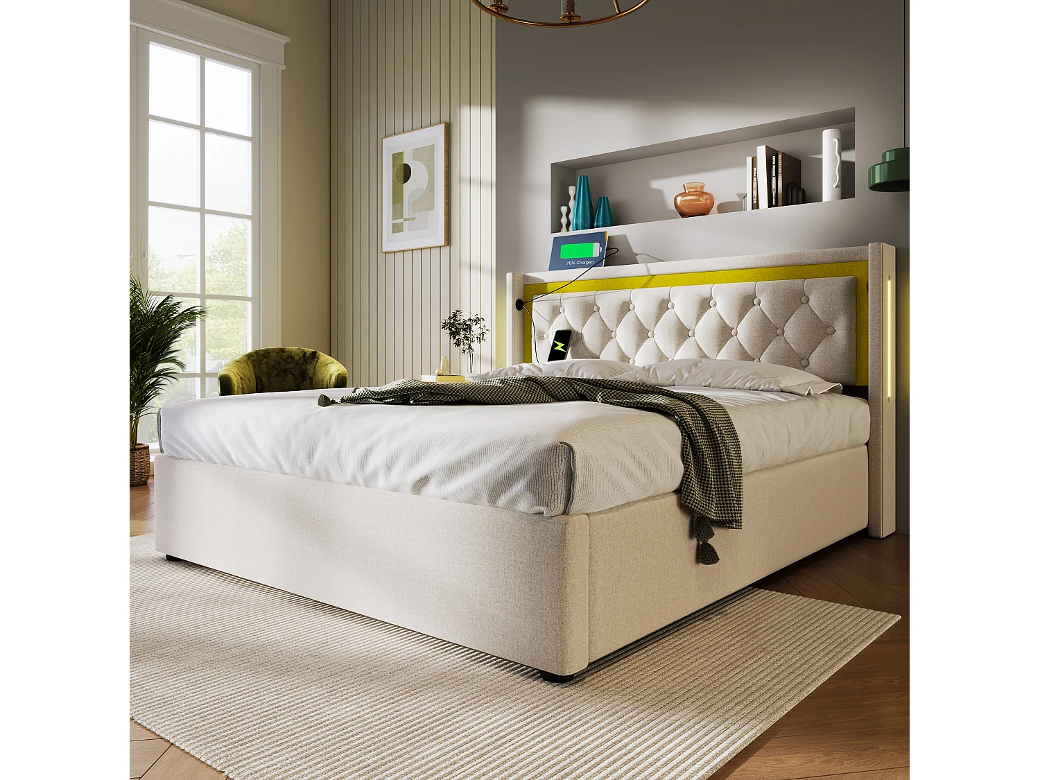 Bed LED Tweepersoons 160x200 Cm Met Opbergruimte, Hoofdeinde Verlichtend En Usb-poort-c, Stof Katoen, Met Matras Inbegrepen
