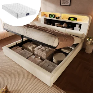 Beige fluwelen opbergbed van 160×200 cm – Tweepersoonsbed voor volwassenen met ledverlichting en USB-aansluiting (inclusief matras) Beige fluwelen opbergbed van 160×200 cm – Tweepersoonsbed voor volwassenen met ledverlichting en USB-aansluiting (inclusief matras)