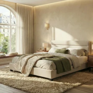 Bed 140 x 190 cm in beige stof + matras – FAUSTIN Bed 140 x 190 cm in beige stof + matras – FAUSTIN