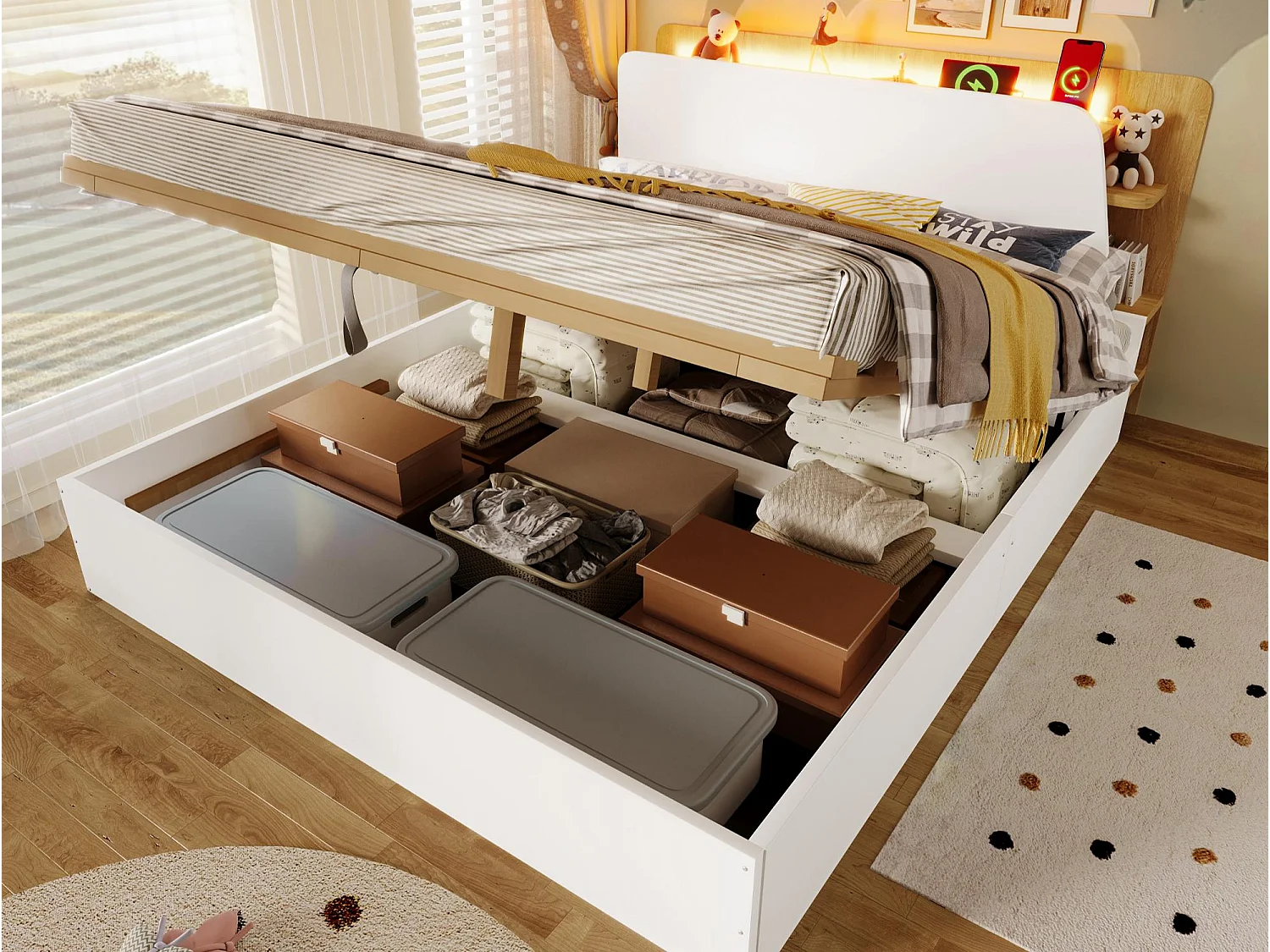 Bed met opbergruimte 140x200 cm - met USB Type-C oplaadfunctie - met LED-verlichting - wit (matras niet inbegrepen)