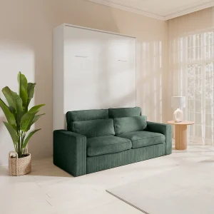 Opklapbaar bed verticale opening 160 x 200 cm wit + groene bank + matras – BEGANIO Opklapbaar bed verticale opening 160 x 200 cm wit + groene bank + matras – BEGANIO