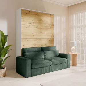 Opklapbaar bed verticale opening 160 x 200 cm in naturel en wit + groene sofa + matras – BEGANIO Opklapbaar bed verticale opening 160 x 200 cm in naturel en wit + groene sofa + matras – BEGANIO