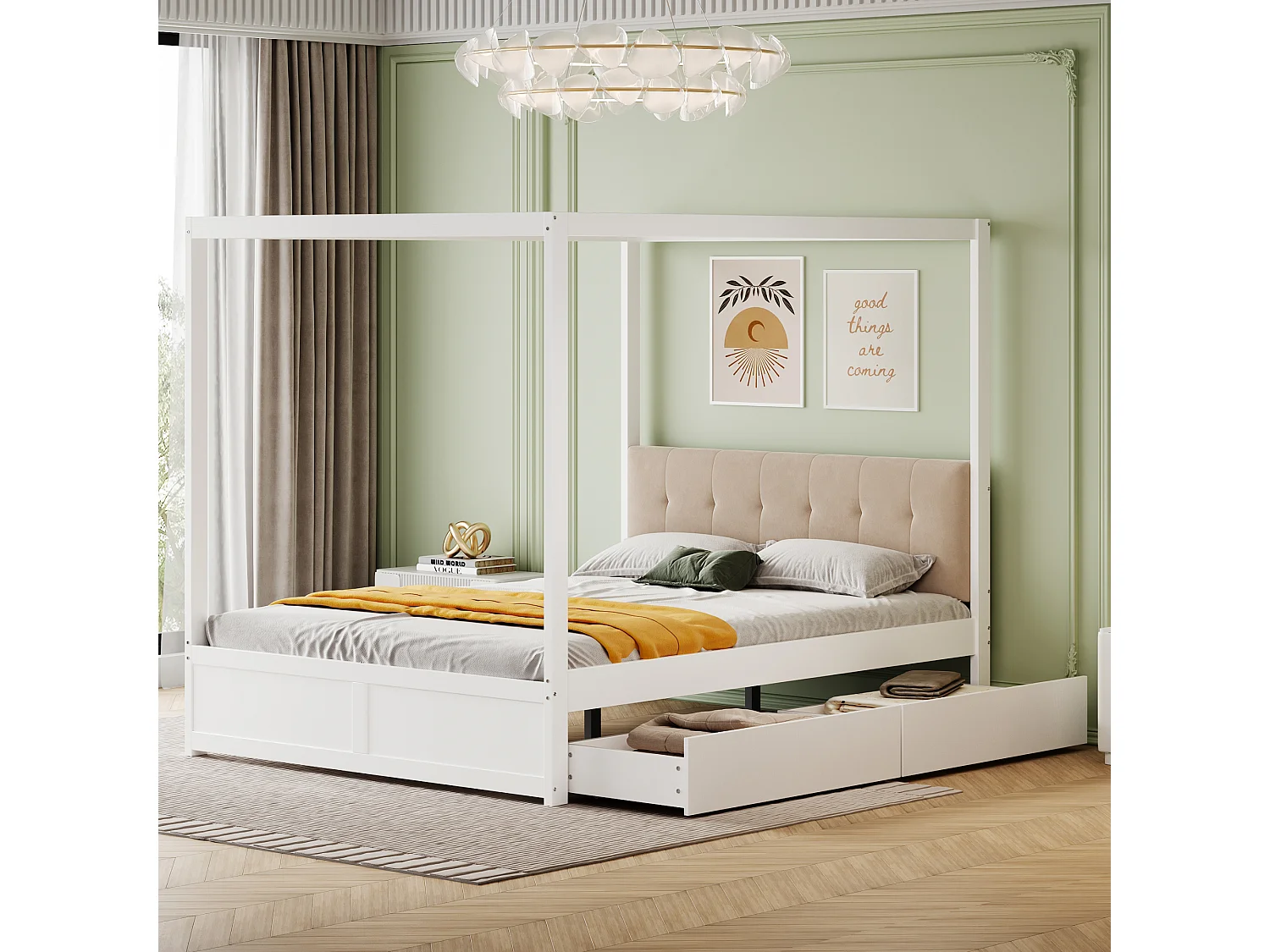 Bed 140x200 cm - Tentstructuur met Muggennet Optie - Gepolsterde Rugleuning - 2 Grote Lades - Hout;MDF - Wit - Zonder matras
