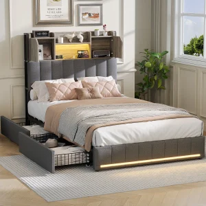 Bed van 90×200 cm met LED- en USB-hoofdbord, 4 opberglades, lattenbodem en grijs linnengoed. Bed van 90×200 cm met LED- en USB-hoofdbord, 4 opberglades, lattenbodem en grijs linnengoed.
