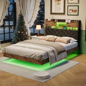Bed van 140×200 cm met hoofdeinde, plank, geïntegreerde opbergruimte, ledverlichting en metalen frame – Maximale belasting 350 kg Bed van 140×200 cm met hoofdeinde, plank, geïntegreerde opbergruimte, ledverlichting en metalen frame – Maximale belasting 350 kg