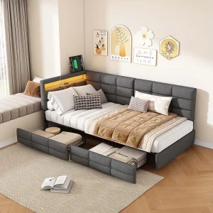 Bed met L-vormig hoofdbord in grijze stof, geïntegreerde ledverlichting, USB-poort, opberglade en lattenbodem – 90×200 cm