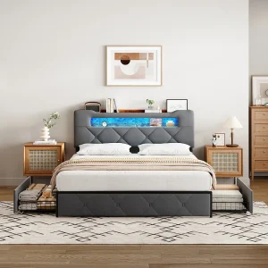 Bed van 160×200 cm met 4 opberglades – Hoofdbord met ledverlichting, grijze stoffen bekleding, metalen frame en panelen