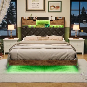 Bed van 160×200 cm met hoofdeinde, plank, geïntegreerde opbergruimte, ledverlichting en metalen frame – Maximaal draagvermogen 350 kg