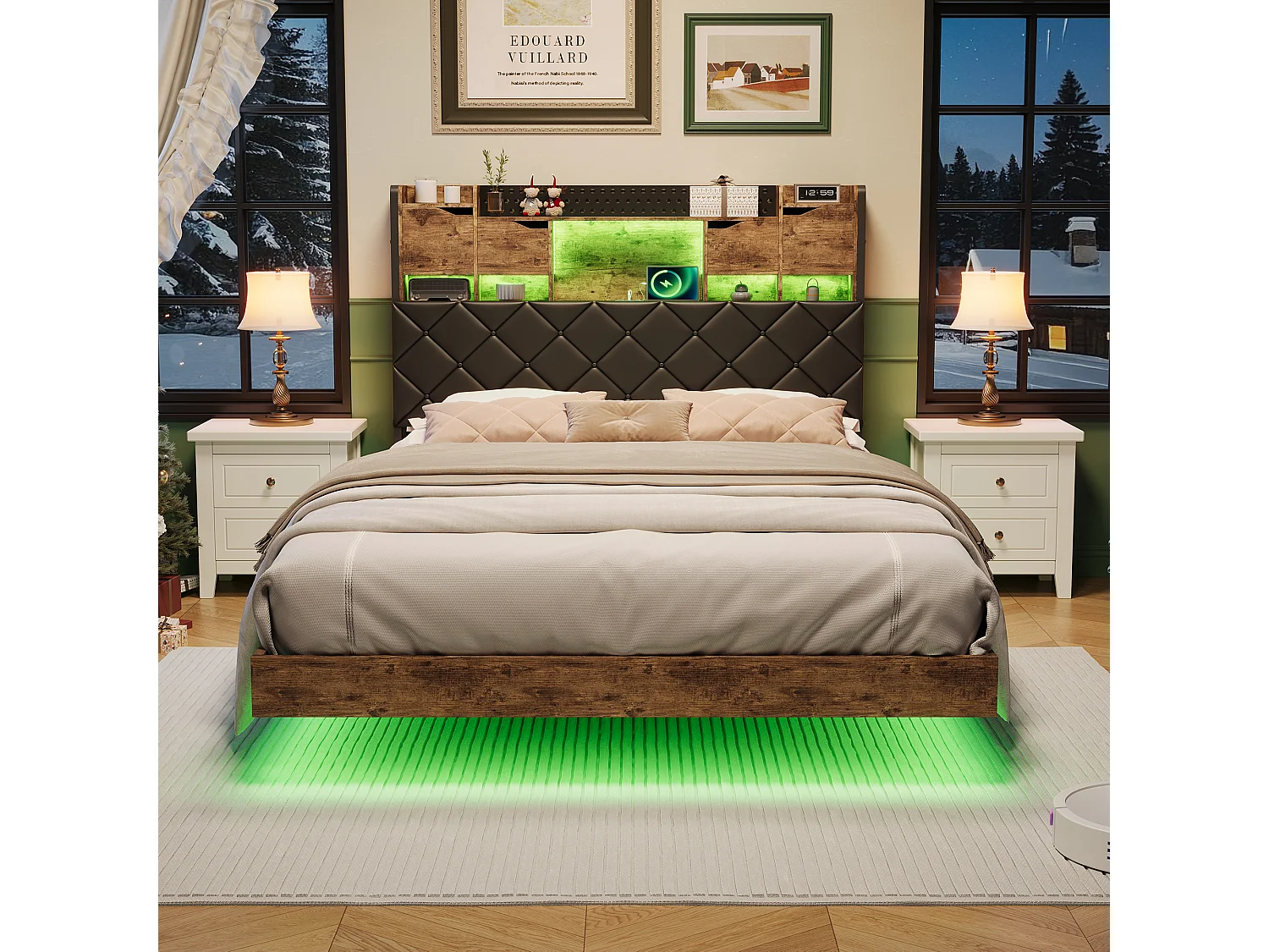 Bed van 160x200 cm met hoofdeinde, plank, geïntegreerde opbergruimte, ledverlichting en metalen frame – Maximaal draagvermogen 350 kg