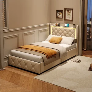 Beige fluwelen bed van 90×200 cm met LED-hoofdbord, 4 opberglades, USB- en Type-C-aansluitingen. Beige fluwelen bed van 90×200 cm met LED-hoofdbord, 4 opberglades, USB- en Type-C-aansluitingen.