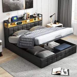 Bed met opbergruimte 140 x 190 – met LED-verlichting en USB-oplaadmogelijkheid – Hoofdbord met opbergvak – PU – Zwart Bed met opbergruimte 140 x 190 – met LED-verlichting en USB-oplaadmogelijkheid – Hoofdbord met opbergvak – PU – Zwart