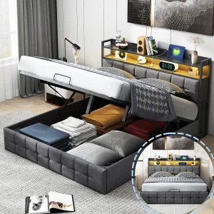 Bed met opbergruimte 160 x 200 cm met ledverlichting en USB-poort – met hydraulisch compartiment – linnen – grijs Bed met opbergruimte 160 x 200 cm met ledverlichting en USB-poort – met hydraulisch compartiment – linnen – grijs
