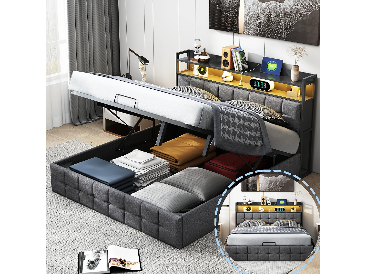 Bed met opbergruimte 160 x 200 cm met ledverlichting en USB-poort - met hydraulisch compartiment - linnen - grijs