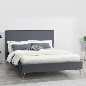 Bed van Grijs Fluweel & Messing Poten 140×190 cm Riverside Stijl Mid-Century Bed van Grijs Fluweel & Messing Poten 140×190 cm Riverside Stijl Mid-Century